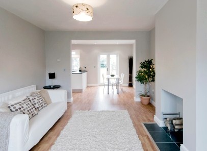 Lounge area finished in barely chalk Refurbed house and freshly painted lounge area in white shades